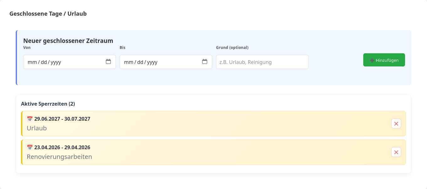 Urlaubszeiten im Dashboard