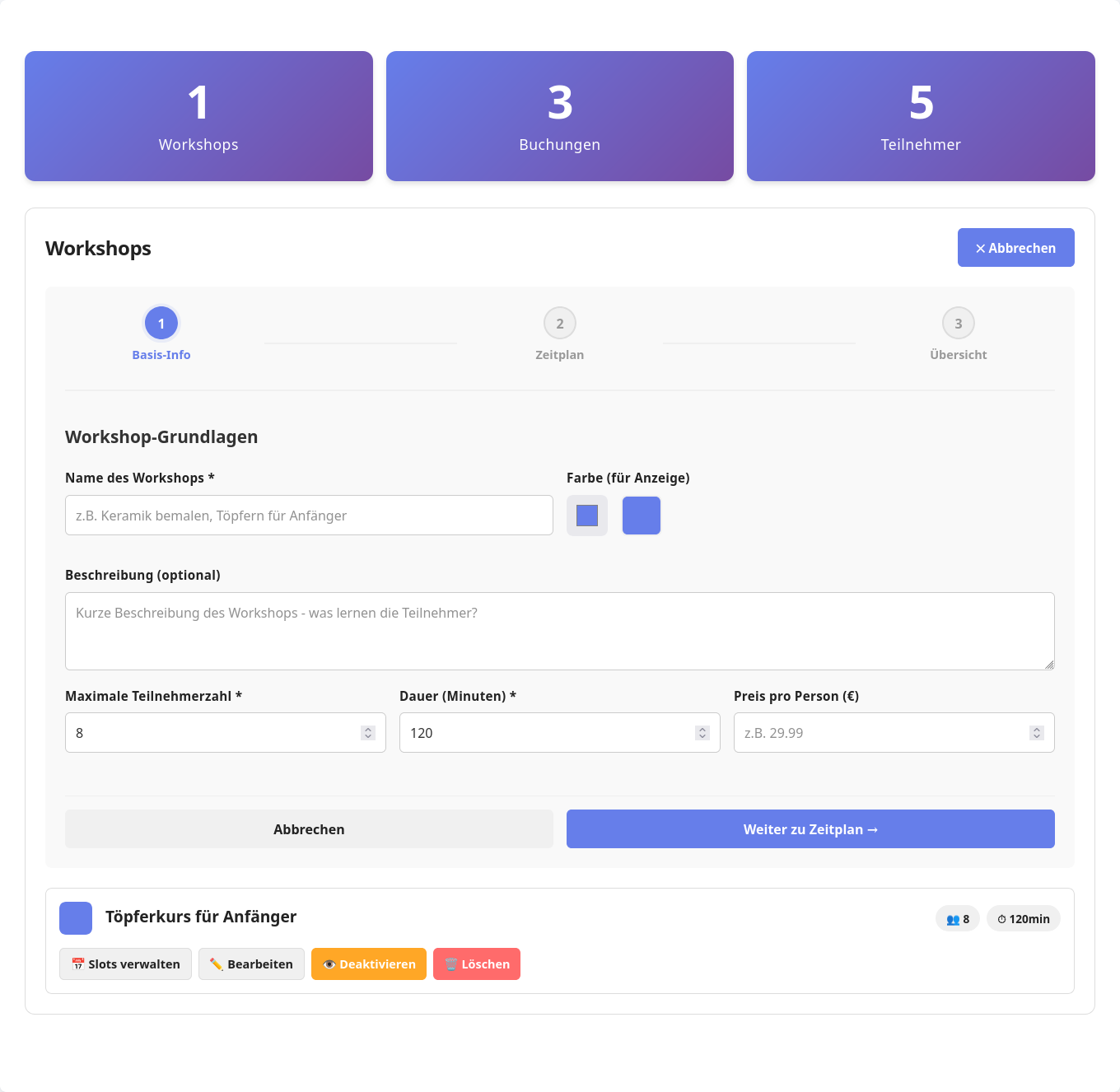 Workshops im Dashboard verwalten